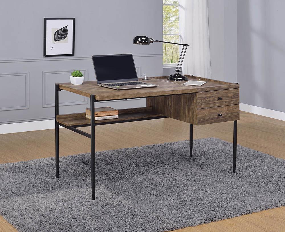Brown Computer Writing Desk with 2 drawers and USB
